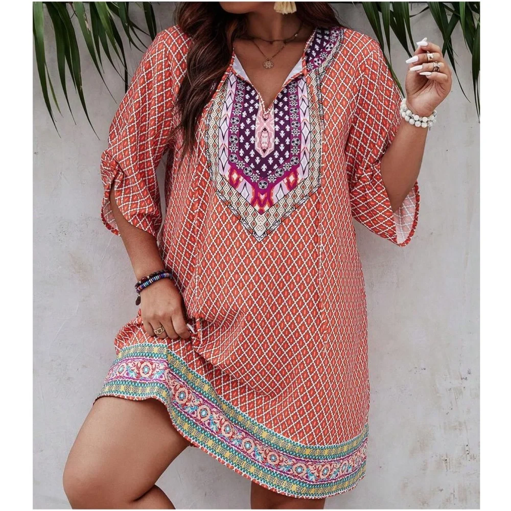 Plus Tribal Print Neck tie Mini Dress - Picture 7 of 9